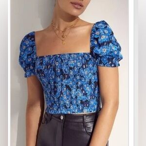 NWT ARITZIA Wilfred Smocked Blouse In Baltic Sea